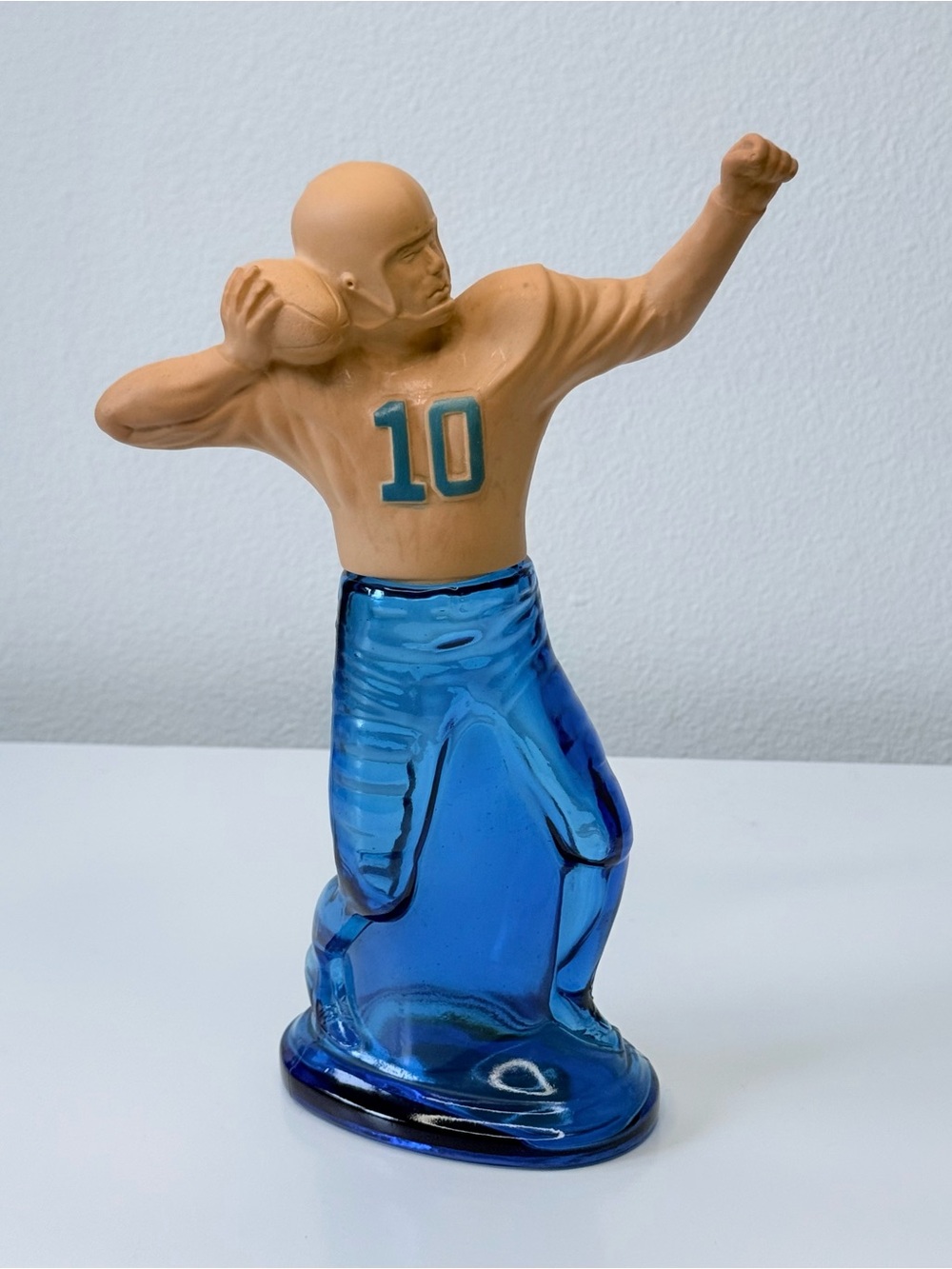Vintage 1970s Avon Pass Play Football Player Blue Glass Bottle Decanter